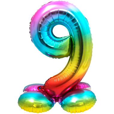 Folienballon mit Basis Ziffer / Zahl 9 Rainbow