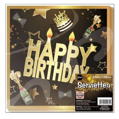 Servietten Happy Birthday, schwarz/gold