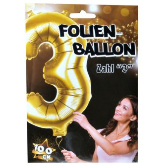 Folienballon Zahl 3,gold - 100 cm