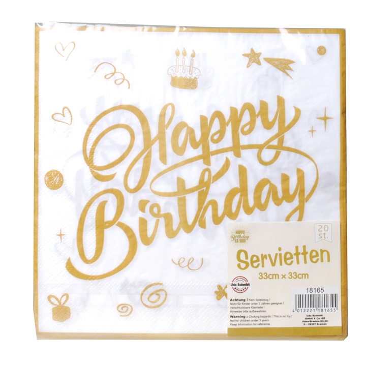 Servietten Happy Birthday, wei/gold