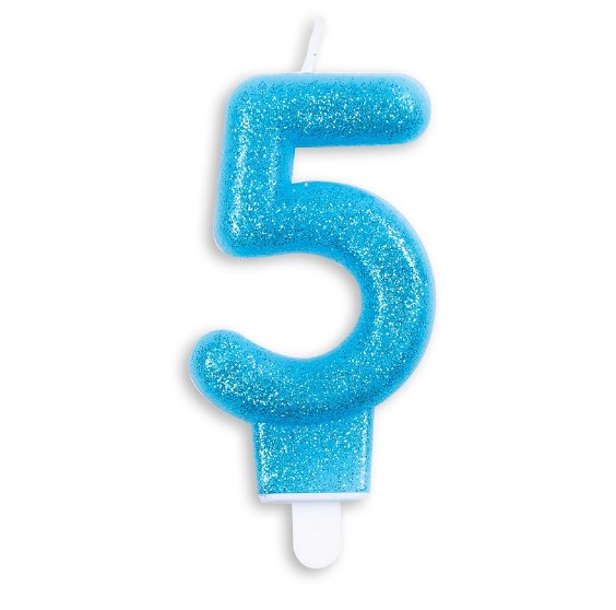 Kerze 5 Jahr Blau Glitter, 7cm