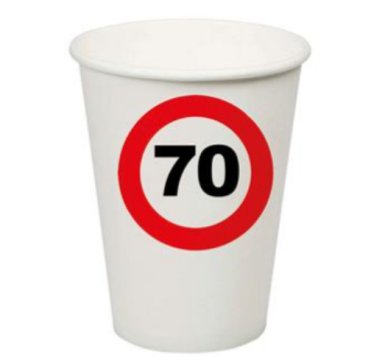 Becher mit Zahl 70 im Verkehrsschilddesign