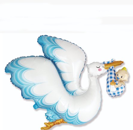 Storch blau mit Baby als Folienballon