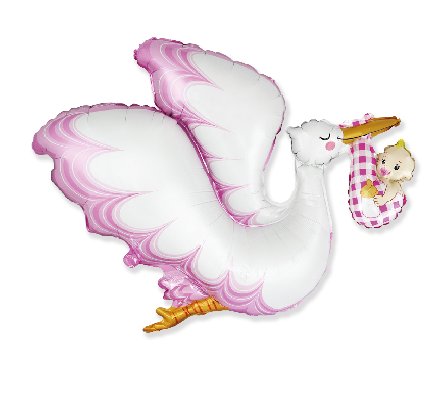Storch rosa mit Baby als Folienballon