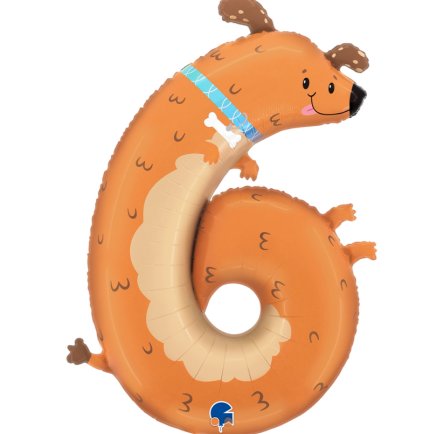 Folienballon Zahl 6 als Hund, 97 cm