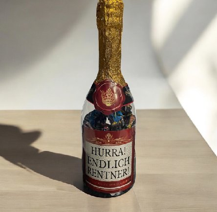 Sektflasche gefllt - Hurra Endlich Rentner