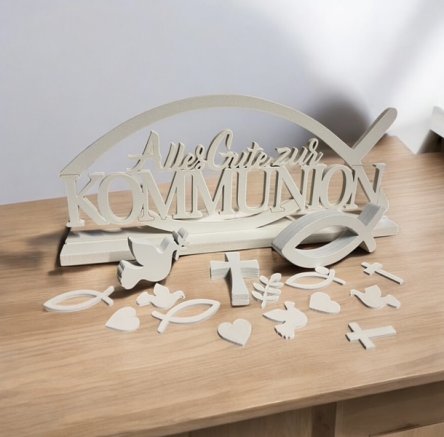 Kommunion - Holzschild, wei und Streudeko